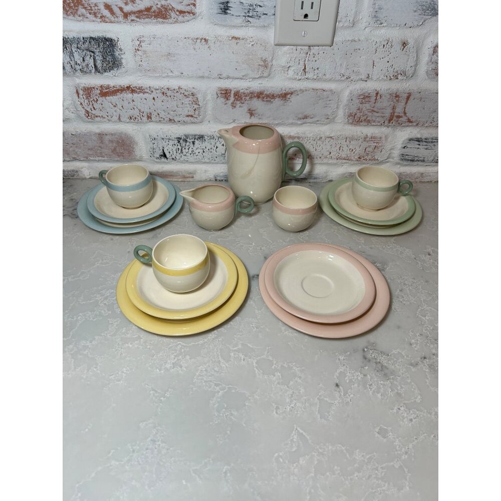 Rare! VTG Homer Laughlin Childs Kids Tea Set Pastel Plates Cups Original Box